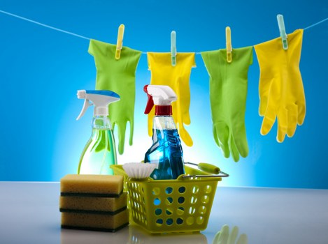 Clean carpet cleaning workspace with equipment and safety supplies